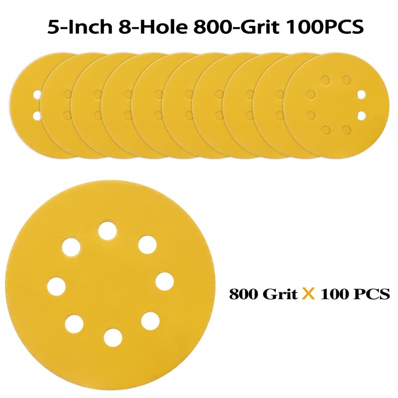 POTUINOM 100PCS 5 Inch 8 Hole Sanding Discs 800 Grit,Gold