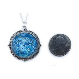 Blue Paisley Boho Necklace for Women - Retro Colorful Pendant - Glass Cabochon Jewelry