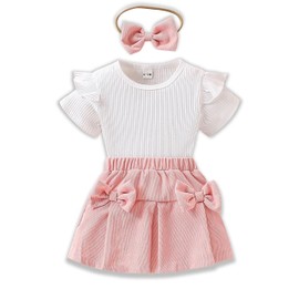 OCMKIC-PZ Baby Girl Summer Clothes Solid Ruffle Sleeve Top＋Bow Mini Shorts＋Bow Headband 3PCS Outfits Set(12-18M)