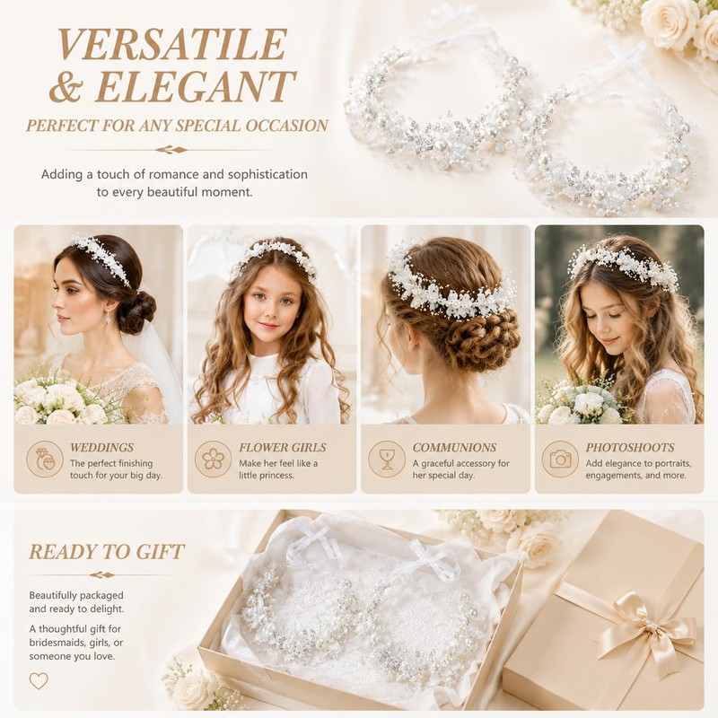 2 Pcs Flower Girl Headpiece, Silver Pearl Rhinestone Flower Hair