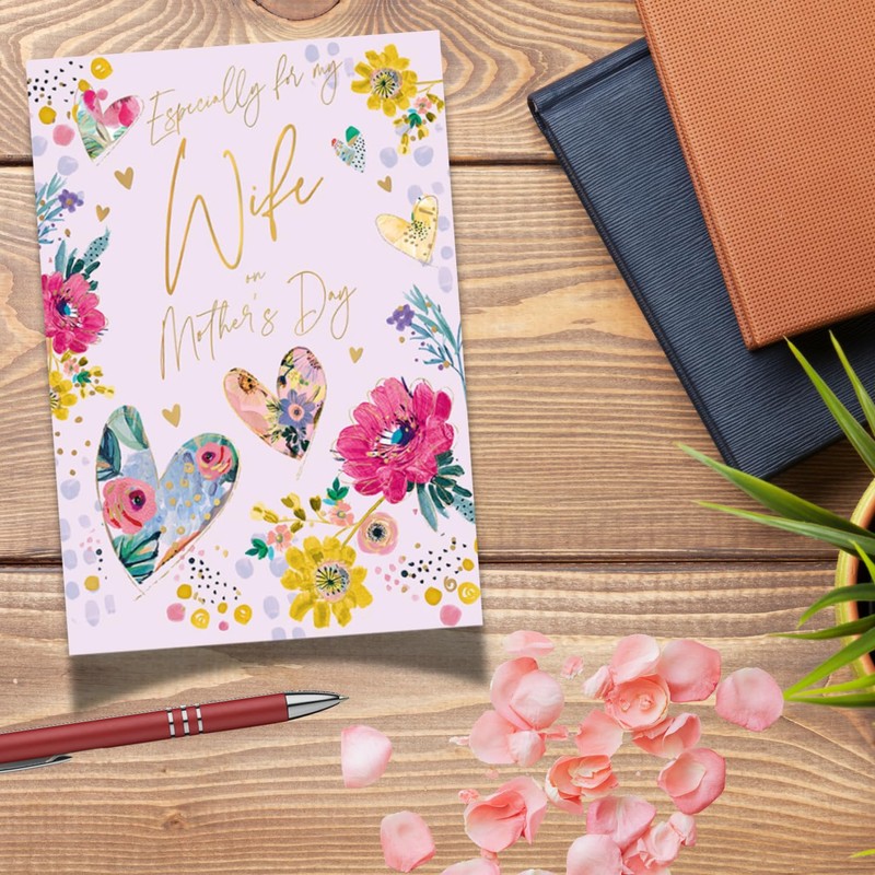 Mother's Day Card for Wife, Floral Hearts Design with Gold