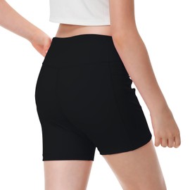 ANIVIVO Girls' 4" Volleyball Biker Dance Shorts - Youth Spandex Yoga Shorts Kids Athletic Running Compression Shorts with Pockets(Black 11-12)