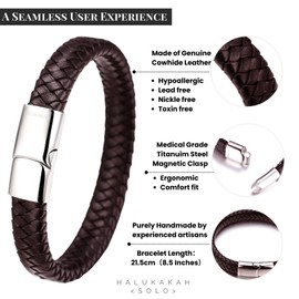 HALUKAKAH ● Solo ● Men's Genuine Leather Bracelet Classic Style Titanium Clasp with Magnets 8.46"(21.5cm) with Free Giftbox(Brown)