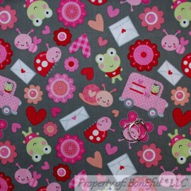 Riley Blake BonEful Fabric FQ Cotton Quilt Gray Red Pink Love Heart Polka Dot Frog Girl SALE