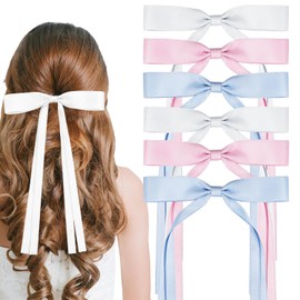 6PCS Silky Satin Hair Bows Ribbon Hair Clips, Ribbon Satin Hair Bows with Long Tail Tassel Bow Clips BowKnot Barrettes Hair Accessories for Women Girls