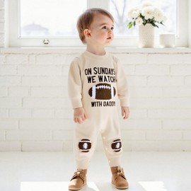 Lamuusaa Newborn Baby Girl Boy Football Outfit On Sundays We Watch Football Romper Long Sleeve Jumpsuit Fall Clothes 0-18M (Khaki, 0-3 Months)