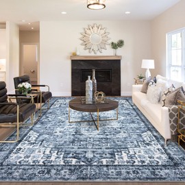 SIILOOM 8x10 Oriental Area Rug Blue, Vintage Floral Large Washable Printed Rug for Living Room Non-Slip Ultra Soft Bedroom Rug Tribal Traditional Farmhouse Carpet for Dining Room Office Home Décor