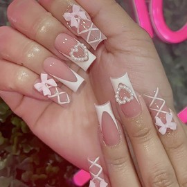 24Pcs Cute Press on Nails Medium Square Fake Nails with 3D Bow Charms Glue on Nails White French Tip False Nails Pink Coffin Acrylic Nails Bow Cross Tie Stick on Nails French Heart Artificial Nails