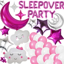 47 Pieces Sleepover Party Decoration Rose Red Sleepover Birthday Party Balloons Banner Large Moon Star for Girls Pajamas Slumber Party Night Out Party Decoration (Rose red)