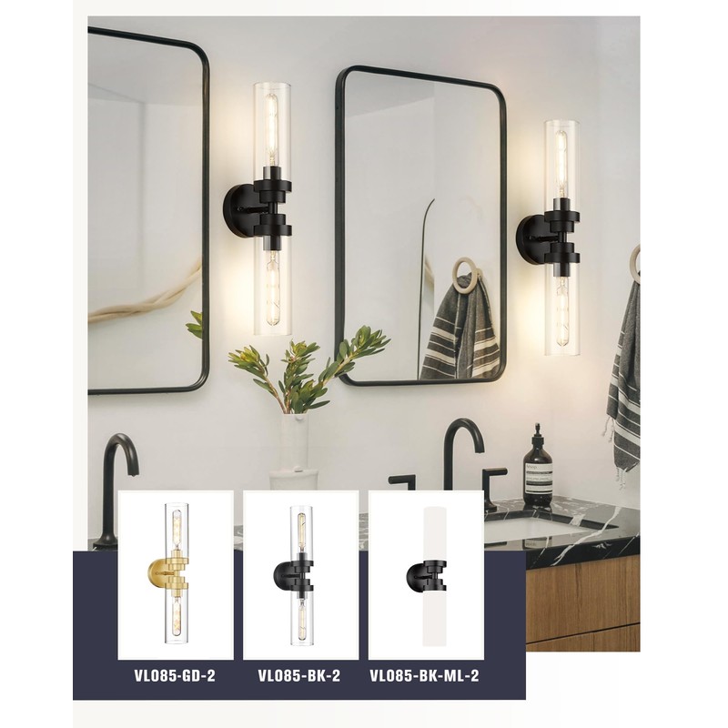 Emak 22 Inch Black Bathroom Light Fixtures Over Mirror, 2-Light