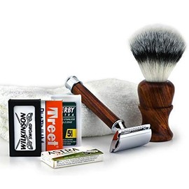 Rosewood Wet Shaving Gift Set - Double Edge Safety Razor & Shaving Brush (Synthetic Badger Hair) + 100% Cotton Facial Tower | Complete & Ready to Use - Premium 3-Piece Set