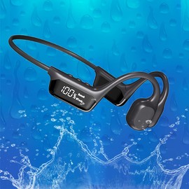 DHBY Swimming Headphones Bone Conduction Open Ear Headset MP3 Player Built-in 32G Memory IP68 Underwater Waterproof Stereo Bluetooth Earphone LED Screen for Driving Bicycling Running Skiing-S10 Black
