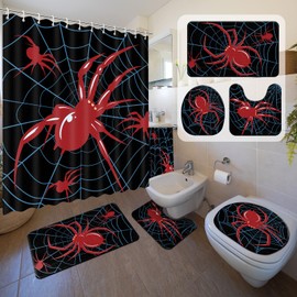 Nuanchu 6 Pcs Bathroom Sets with Shower Curtain and Rugs Bathroom Decor and Accessories Shower Curtain Set with 12 Hooks (Red Spider)