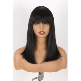 ManeMajesty 16 Inch Yaki Straight Bob with Bangs Human Hair Glueless Wig for Black Women Short Black Bob Wigs Soft Yaky Perm Machine Made None Lace Front Wigs
