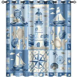 HDESDIS Abstract Sailboat Seashell Curtains for Bedroom, Lighthouse Sea Coastal Grommet Blackout Curtains Thermal Insulated Window Drapes for Living Room, 21W x 45L, 2 Panels