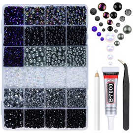 qiipii Black 3-10mm Flatback Pearls and Rhinestones w B7000 Jewelry Glue for Bedazzling Crafting Half Pearls Resin Stones Diamonds for Face Eyes Makeup Tumblers Bottles Crafts Grad Cap Shoes Scrapbook