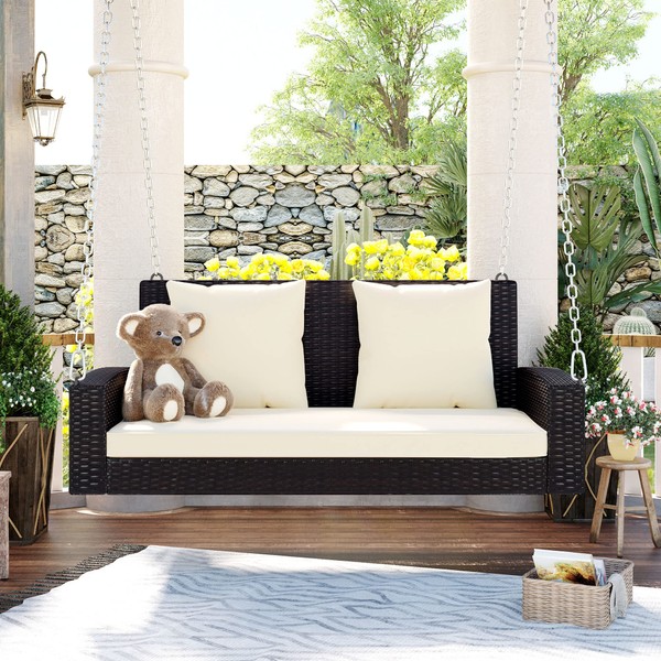2-Person Wicker Hanging Porch Swing, Outdoor Patio Rattan Bench Loveseat