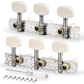 Mr.Power Guitar Tuning Pegs Keys 3+3 Machine Heads Set, Universal Nickel Plated with Plastic Button Knobs DIY Replacement Part for Classical Guitar 3L3R (White Button)