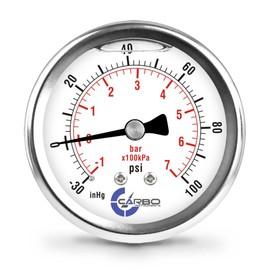 CARBO Instruments Compound Pressure Gauge -30 inHg to 100 PSI, Liquid Filled, 2.5" Dial, 1/4 NPT Back Mount, 304 Stainless Steel Case, Brass Wetted Parts, Dual Scale PSI/inHg - ASME B40.1 Grade A