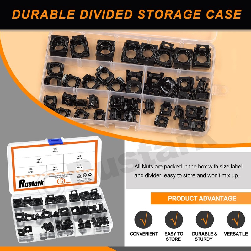 Rustark 48Pcs 6 Sizes Black Carbon Steel Cage Nut Metric