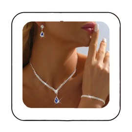 Unicra Rhinestone Bridal Wedding Jewelry Set Silver Crystal Necklace Earrings Sets Formal Costume Jewelry for Women and Brides (B-3 Pack Blue Necklace Bracelet Earrings)