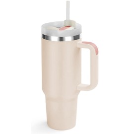 MOYAC Vaso Térmico 40 oz con Asa, Termo al Vacío de Acero Inoxidable con Pajita, para Mantener Agua, Té, Vino, Café Frío y Caliente (Rosa Claro)