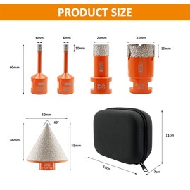 Diamond Core Drill Bit Kit BGTEC Diamond Hole Saw Tile Cutter for Porcelain Tile Ceramic Marble Brick, 5/8"-11 Thread 6/6/20/35mm+50mm Chamfer Bit