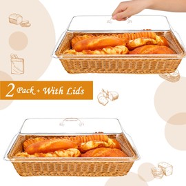 Mumufy 2 Pack Imitation Rattan Bread Basket Wicker Bread Basket for Serving with Acrylic Lid Woven Fruit Basket with Cover Food Vegetable Display Tabletop Restaurant Kitchen Rectangle (17.72x13.78'')