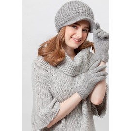 BYOS Women's Winter Metallic Cable Fleece Lined Knit Newsboy Visor Cap & Gloves Set