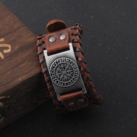 Pulseras Hombre Accesorios para Hombre, Ajustable en Piel de Vacuno, BrúJula Vikinga, Amuleto Nórdico, Brazalete Hombre Puede Ser An Regalo para Representar Buena Suerte (Marrón + plata)