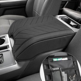 Center Console Cover for 2015-2020 F150 Accessories, F250 F350 F450 F550 2017-2022, Expedition 2018-2024, PU Leather Armrest Cusion Cover with Storage Bag, Bucket Seat Only, Black