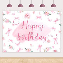 SHADOAMP Pink Bow Birthday Decorations, Pink Bow Happy Birthday Party Backdrop Banner 7 x 5 ft Floral Bow Photography Background for Girls Pink Coquette Birthday Party Supplies