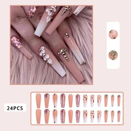 24Pcs Extra Long Press on Nails Coffin Ombre White Fake/False Nails with Glitter Flakes Camellia Rhinestones Press ons Designs Acrylic Press on Nails Artificial Nails Stick on Nails For Women Girls