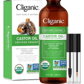 Aceite de Ricino Cliganic 100% Puro Para Pestañas, Cejas, Cabello y Piel Natural, Prensado en Frío, sin Refinar y sin Hexano 240 ml