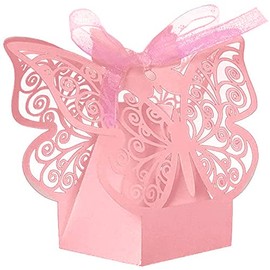 50 Pcs Butterfly Laser Cut Favor Boxes DIY Wedding Birthday Gift Candy Boxes with Ribbons (Pink)