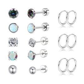 8 Pairs Titanium Earrings Women's Stud Earrings Surgical Steel for Women Girls Implant Grade Opal Small Round Gift Jewellery Hypoallergenic for Sensitive Ears, 4 mm, Synthesis, Synthesis