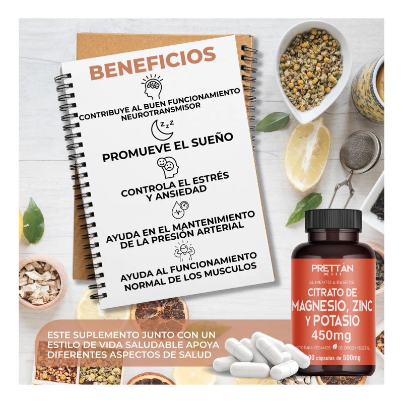Citrato De Magnesio Zinc Y Potasio Prettan 90 Capsulas 500mg