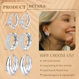 PATISORNA 3Pairs Gold Hoop Earrings Set for Women Chunky Gold Silver Hoop Earrings 14K Gold Filled Hypoallergenic Small Huggie Hoop Earrings Tiny Gold Trendy Thick Hoop Earrings Stacks