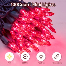 Christmas Lights Indoor Outdoor 100 Count Incandescent Lights UL Certified Connectable Christmas Tree Lights with Green Wires for Xmas, Wedding, Holiday, Party, Home, Valentines Day Decoration(Pink)