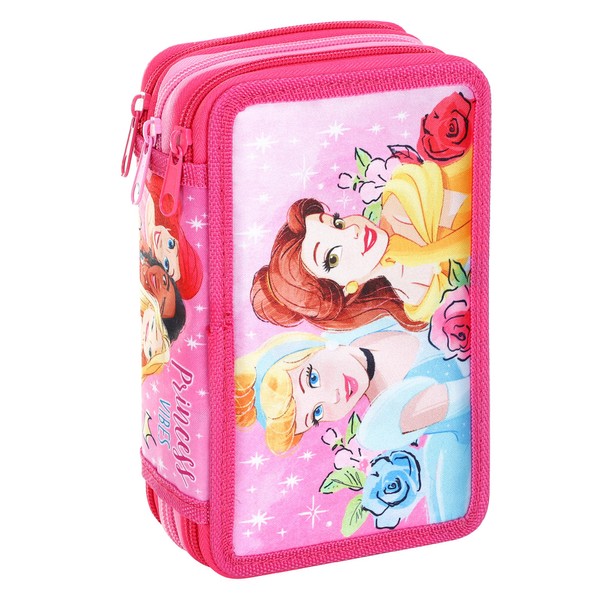 TDL Princess Pencil Case, 3 Zips, Assorted Stationery, 21 x