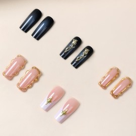 Rchovsam xl Square Press on Nails Long French Tip Fake Nails Gold Rose Designs Nails Press Ons White French Glue on Nails Acrylic Full Cover Gel False Nails Gift for Women 24pcs