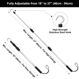Attic Ladder Pull Down System Kit – Extendable 18"-37" Attic Pull Down Hook with Telescoping Pole, Loft Access Opener Kit with Stainless Steel D-Ring & Rope for Attic Hatch & Garage Roll Up Door