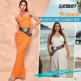 LEACOOLKEY Women Wide Concho Leather Belts Western Disc Waist Belts Ladies Western Belt Boho Disk Concho Belt for Dress