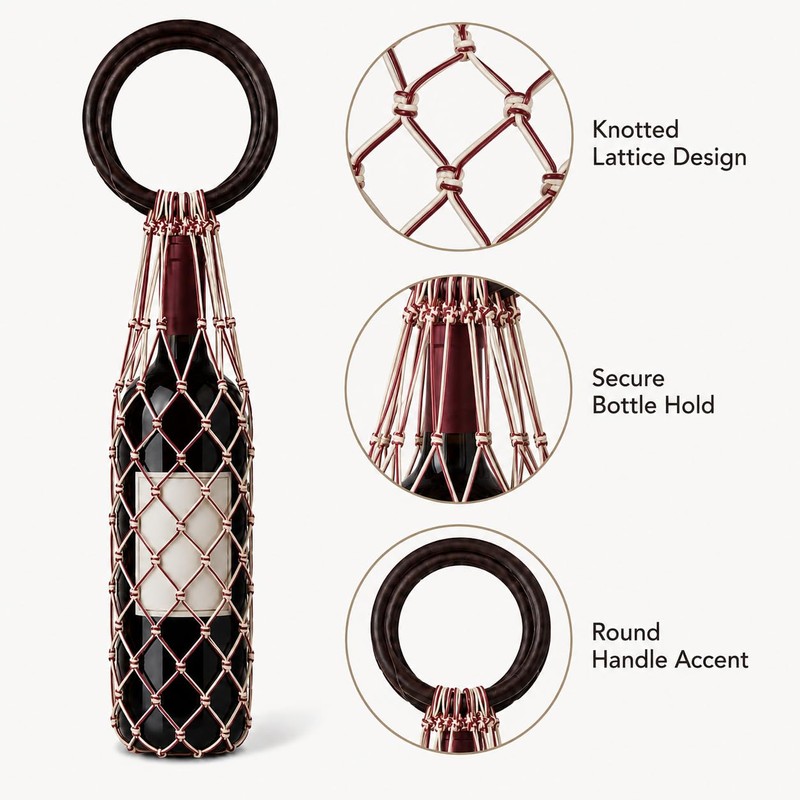 Woven Wine Bottle Tote Bag Wooden Ring Handle Macrame Carrier