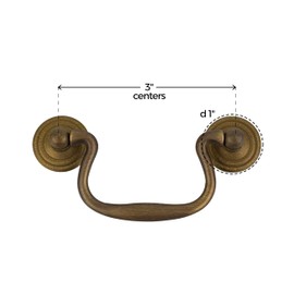 Antique Cast Brass Swan Neck Drawer Bail Pull | Centers: 3" | Handle for Antique Cabinet Door, Dresser Drawer, Desk | Reproduction Furniture Hardware | BP7-BAB