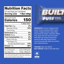 Built Bar, Puff Protein Bars, Cookies 'N Cream Puff, 17g Protein Snacks, On-The-Go Bars, Only 150 Calories, 7g Sugar, Collagen, Not Gluten Free, 12 Count