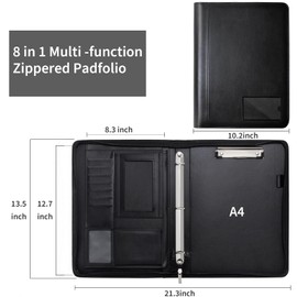 Business Portfolio 3 Ring Binder, PU Leather Portfolio Organizer with Zipper, Business Card Holder Tablet Sleeve A4 Writing Pad Clipboard, Meeting Document Organizer for Men Women