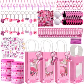 Hotop 196 Pcs Hot Pink Princess Party Favors Kit, Pink Girl Keychains Silicone Bracelets Tattoo Stickers Pendants Mirrors Bags Cards Stickers Rubber Bands (Novel)