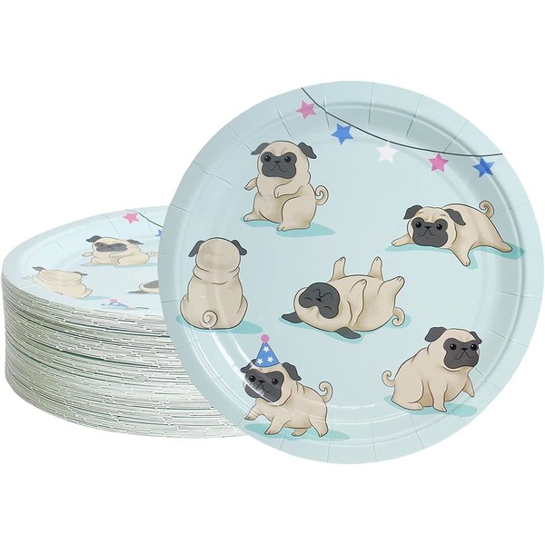 BLUE PANDA 80-Pack Disposable Paper Pug Plates for Lunch, Dinner, & Dessert, Dog Party Supplies, 9 Inches