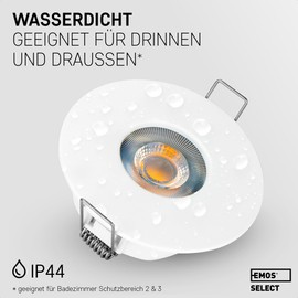EMOS LED Recessed Spotlight 230 V 5 W, 370 lm | Recessed Spotlight Waterproof IP44 for Outdoor and Indoor Use | LED Spotlights Ceiling Light 3000 K Warm White, Set of 6 Ceiling Spotlights LED Round,
